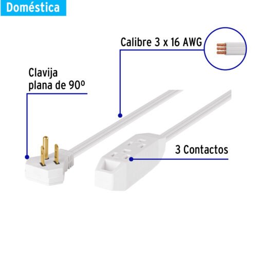 46987 - Extensión doméstica aterrizada 2 m blanca con clavija plana