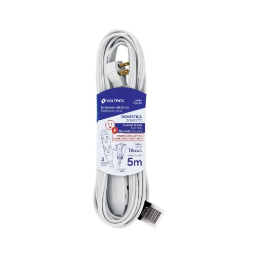 46989 - Extensión doméstica aterrizada 5 m blanca con clavija plana