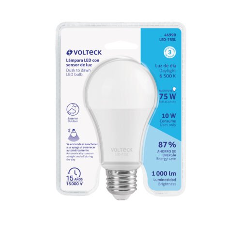 46990 - Lámpara LED tipo bulbo A19 10 W con sensor de luz, Volteck