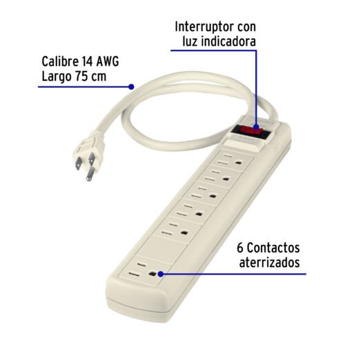47184 - Multicontacto 14 AWG 6 entradas supresor de picos 450 joules