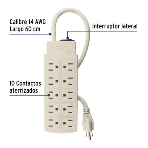 47234 - Multicontacto 14 AWG uso rudo con 10 entradas, Volteck