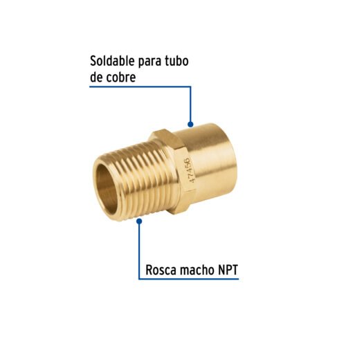 47456 - Conector NPT soldable de latón, 1/2" X 3/8", Foset