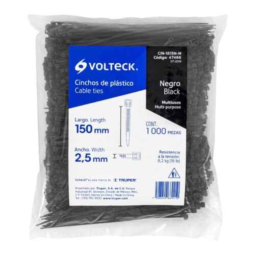 47466 - Bolsa con 1000 cinchos plásticos 18 lb, 150x2.5 mm, negros