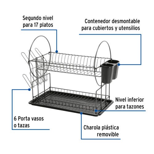 47501 - Escurridor negro de acero con 2 niveles para trastes