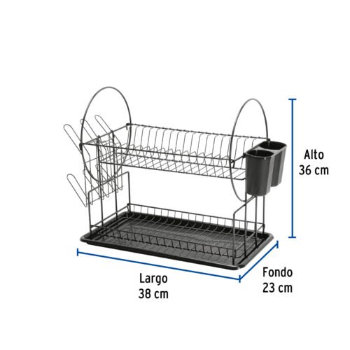 47501 - Escurridor negro de acero con 2 niveles para trastes