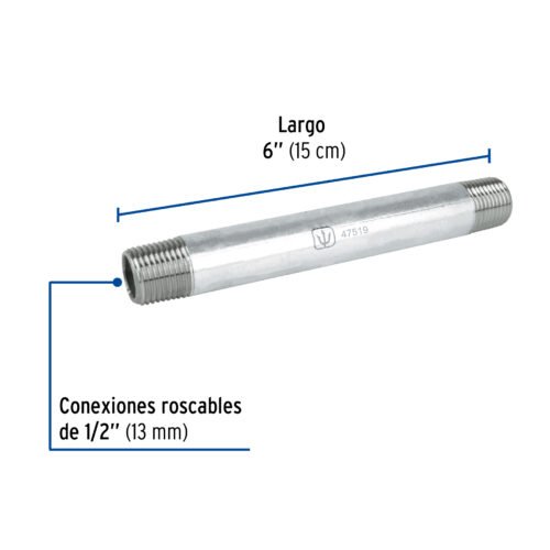 47519 - Niple de acero galvanizado 1/2" x 6", Foset