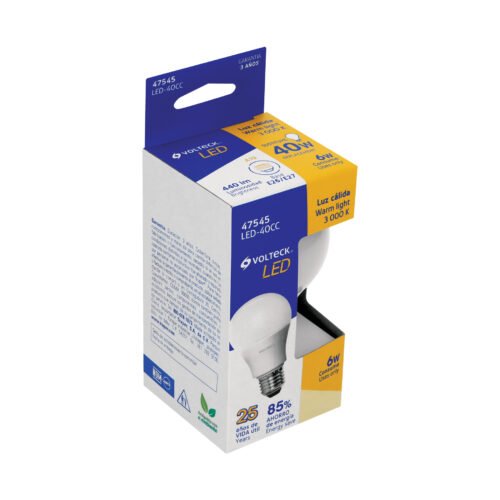 47545 - Lámpara LED tipo bulbo A19 6 W luz cálida, caja, Volteck