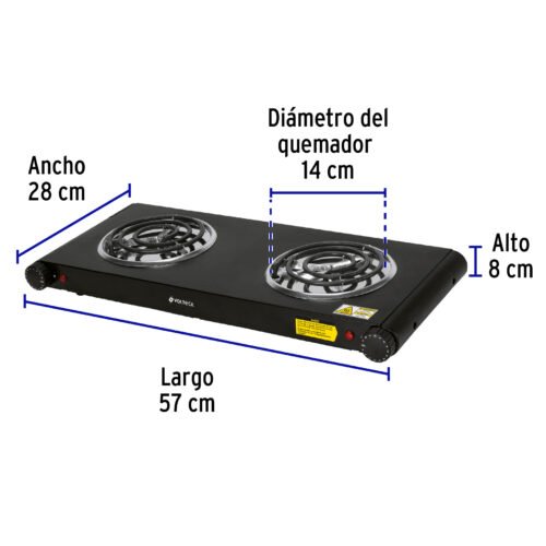 47555 - Parrilla eléctrica 2 quemadores en espiral, negra, VOLTECK