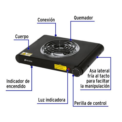 47556 - Parrilla eléctrica 1 quemador espiral, negra, VOLTECK