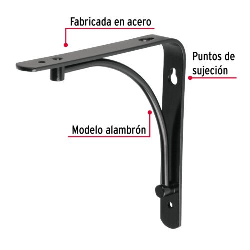47694 - Ménsula reforzada negra 6 x 6", diseño alambrón, FIERO