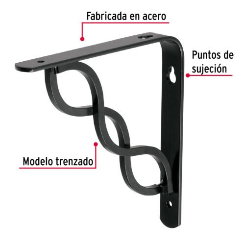 47700 - Ménsula reforzada negra 6 x 6", diseño trenza, FIERO