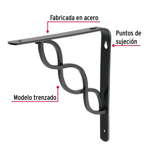 47701 - Ménsula reforzada negra 8 x 8", diseño trenza, FIERO