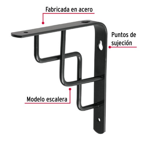 47702 - Ménsula reforzada negra 6 x 6", diseño escalera, FIERO