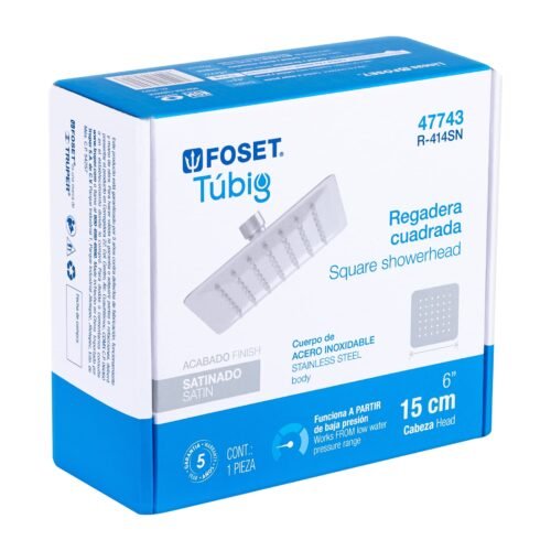 47743 - Regadera cuadrada 6", acero inox, sin brazo, satín, Túbig