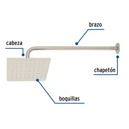47744 - Regadera cuadrada 8", acero inox, con brazo, satín, Túbig