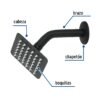 47746 - Regadera cuadrada 4", acero inox, con brazo, negro, Túbig