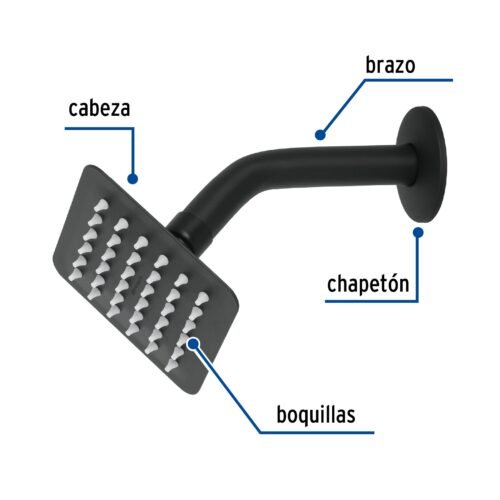 47746 - Regadera cuadrada 4", acero inox, con brazo, negro, Túbig