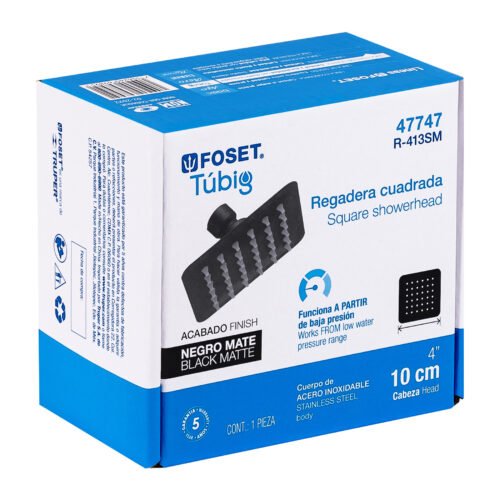 47747 - Regadera cuadrada 4", acero inox, sin brazo, negro, Tubig