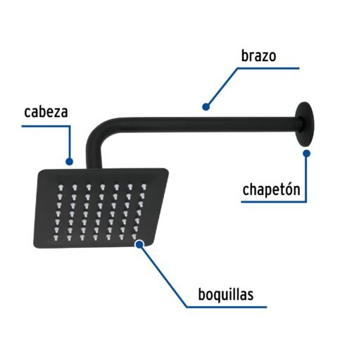 47748 - Regadera cuadrada 6", acero inox, con brazo, negro, Túbig