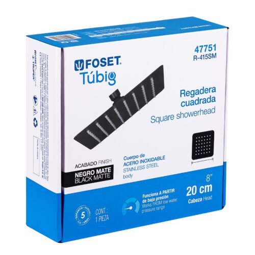 47751 - Regadera cuadrada 8", acero inox, sin brazo, negro, Túbig