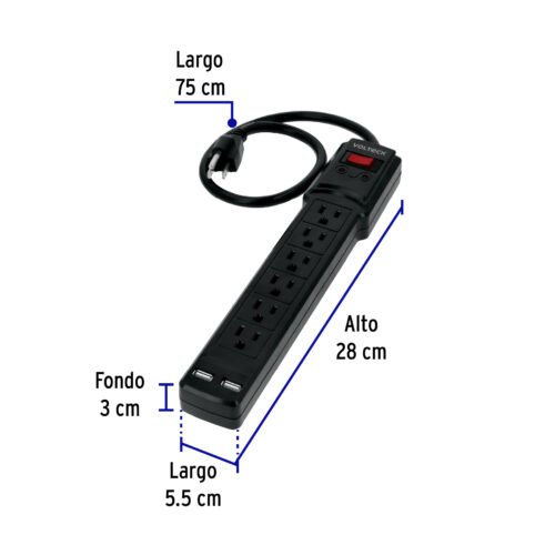 478042 47804 - Multicontacto 14 AWG 6 ent., sup. de picos 450 joules, negro