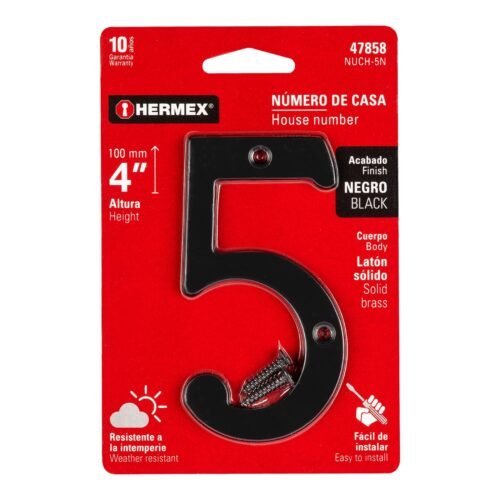 478583 47858 - Número 5 de latón sólido 4", negro, HERMEX
