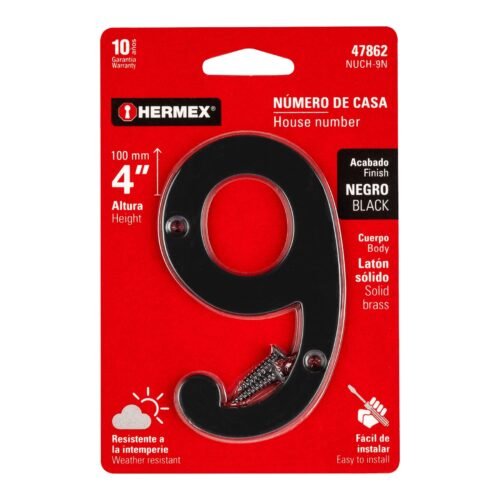 478623 47862 - Número 9 de latón sólido 4", negro, HERMEX