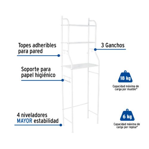 47907 - Mueble organizador blanco para baño con 3 repisas, Foset