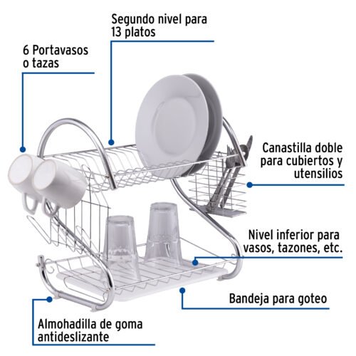 47908 - Escurridor de acero cromado con 2 niveles para trastes