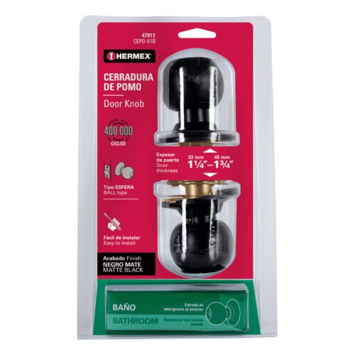47911 - Cerradura pomo, negro, esfera, baño, HERMEX