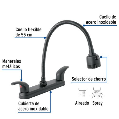 479171 47917 - Mezcladora 8" p/fregadero, flexible, palanca, negro, Aqua