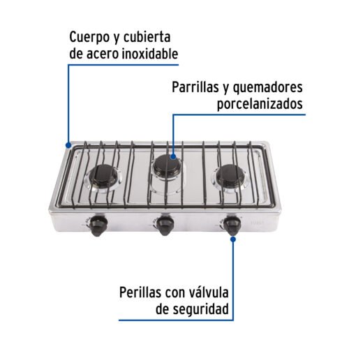 479201 47920 - Parrilla de gas de sobreponer 3 quemadores, inox, Foset