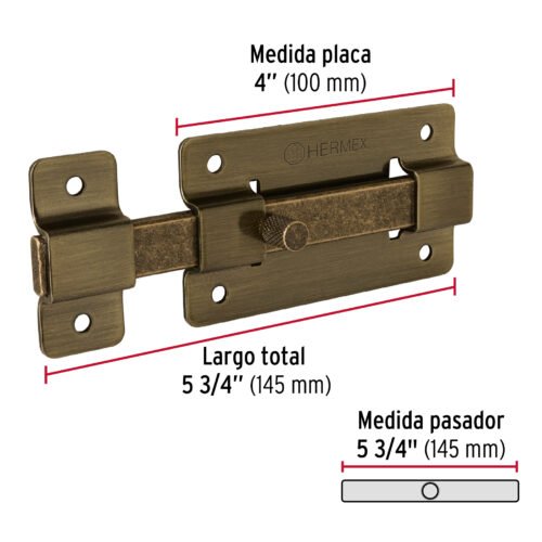 47927 - Pasador de barra plana 4", latón antiguo, HERMEX