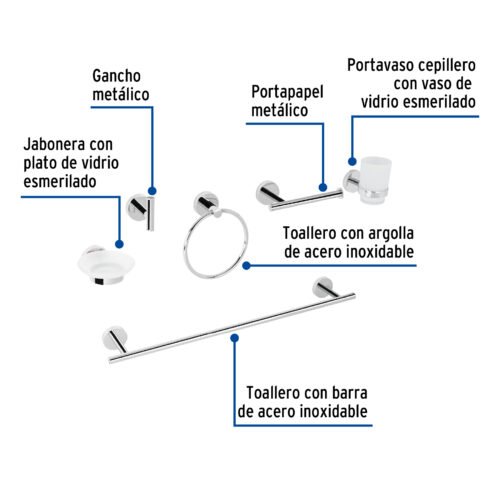 479731 47973 - Juego de 6 accesorios para baño acabado cromo, Foset Tubig