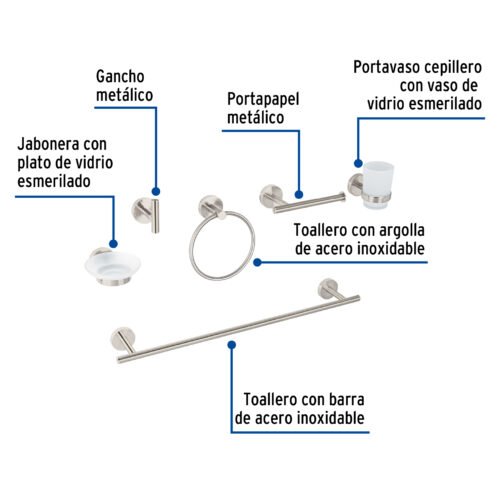 47974 - Juego de 6 accesorios para baño acabado satín, Foset Tubig