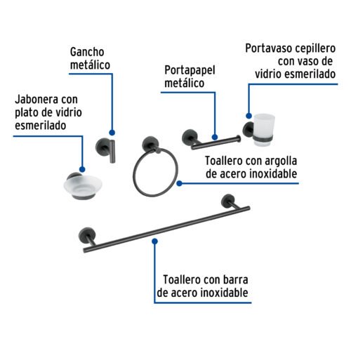 47975 - Juego de 6 accesorios para baño acabado negro, Foset Tubig