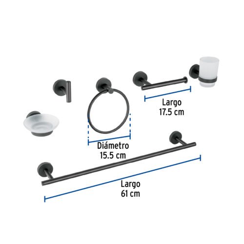 47975 - Juego de 6 accesorios para baño acabado negro, Foset Tubig