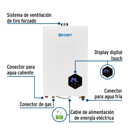 48015 - Calentador instantáneo modulante, 14L, 2 serv, gas LP, Foset