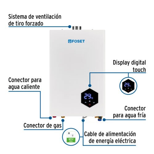 48016 - Calentador instantáneo modulante, 16L, 3 serv, gas LP, Foset