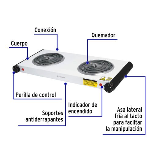 48127 - Parrilla eléctrica 2 quemadores en espiral, blanca, VOLTECK