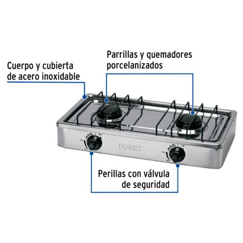 482341 48234 - Parrilla de gas de sobreponer 2 quemadores, inox, Foset