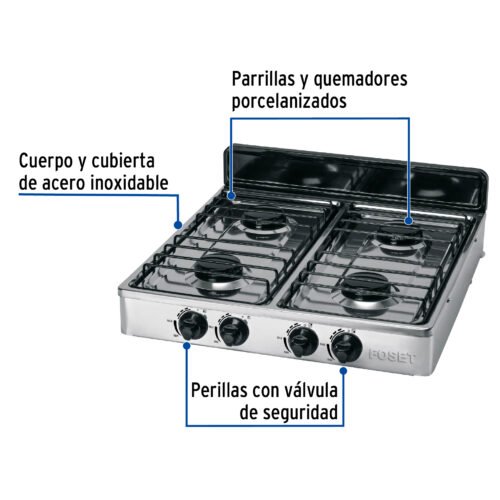 48235 - Parrilla de gas de sobreponer 4 quemadores, inox, Foset