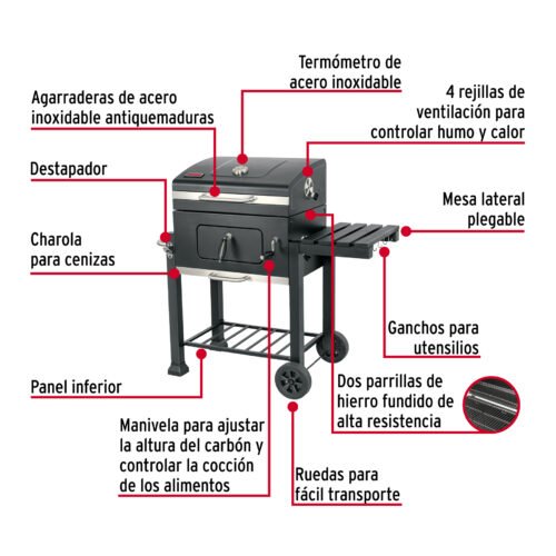 48248 - Asador de carbón de 24" con tapa, negro, FIERO