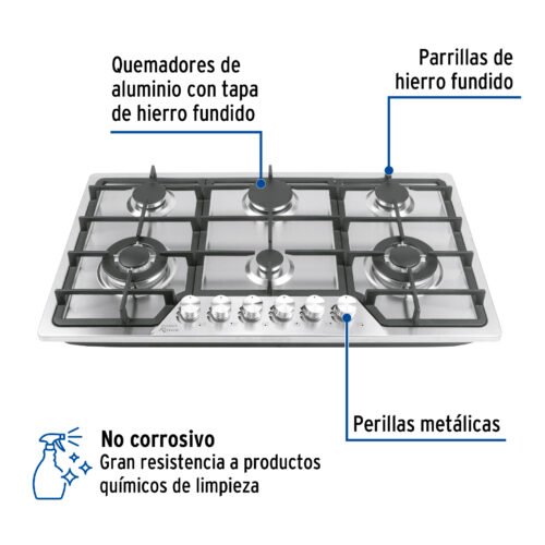 48315 - Parrilla gas empotrable 90cm, 6 quem, acero inox, Riviera