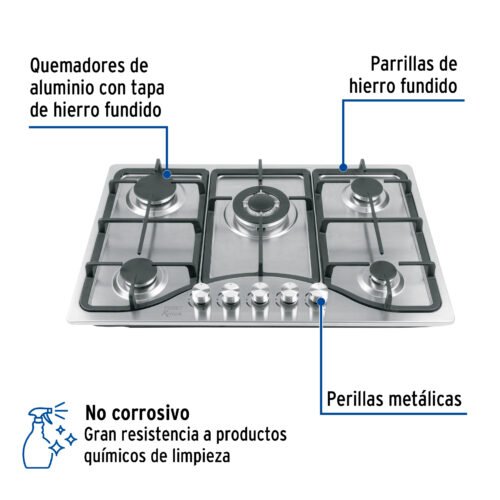 48316 - Parrilla gas empotrable 75cm, 5 quem, acero inox, Riviera