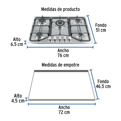 48316 - Parrilla gas empotrable 75cm, 5 quem, acero inox, Riviera