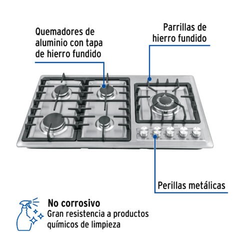 48319 - Parrilla gas empotrable 90cm, 5 quem, lateral, inox, Riviera