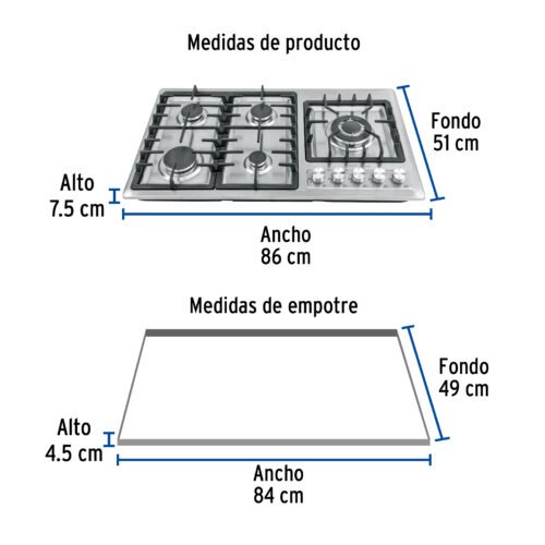 48319 - Parrilla gas empotrable 90cm, 5 quem, lateral, inox, Riviera