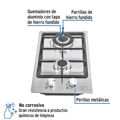 48320 - Parrilla gas empotrable 30cm, 2 quem, acero inox, Riviera