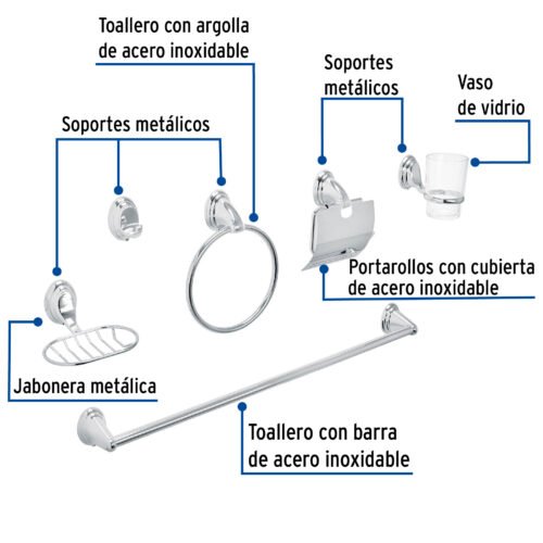48341 - Juego de 6 accesorios p/baño cromo chapetón ovalado, Aqua